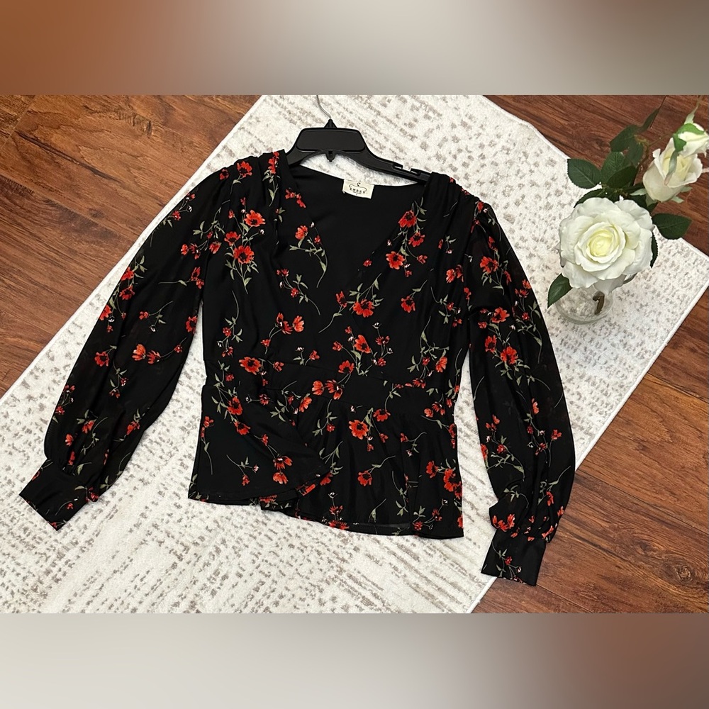 a new day Black Blouse with Red Floral Design